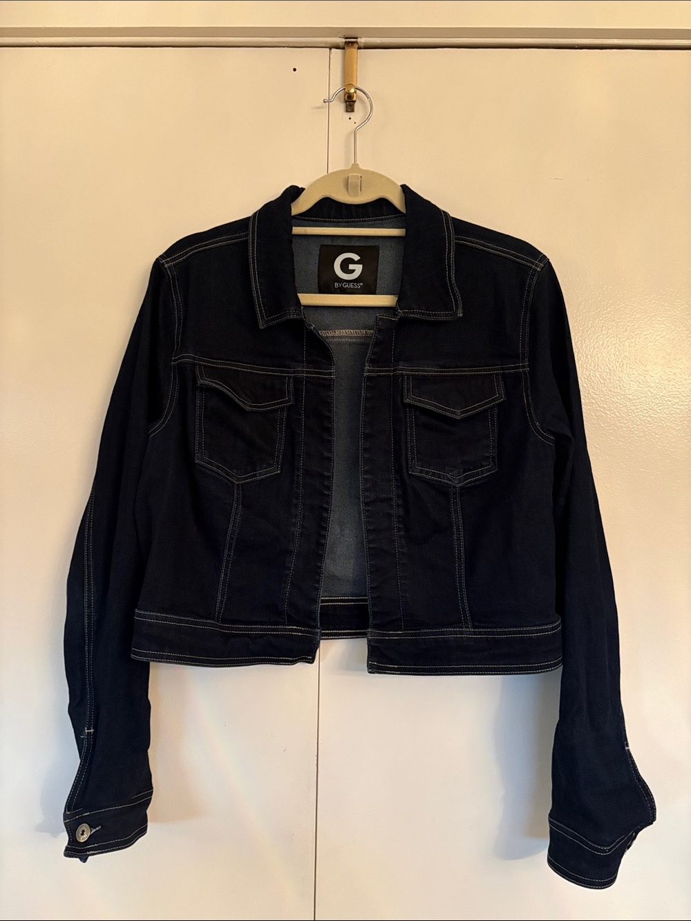 G by Guess Black Denim Trucker Jacket with Contrast Stitching Super Stretchy